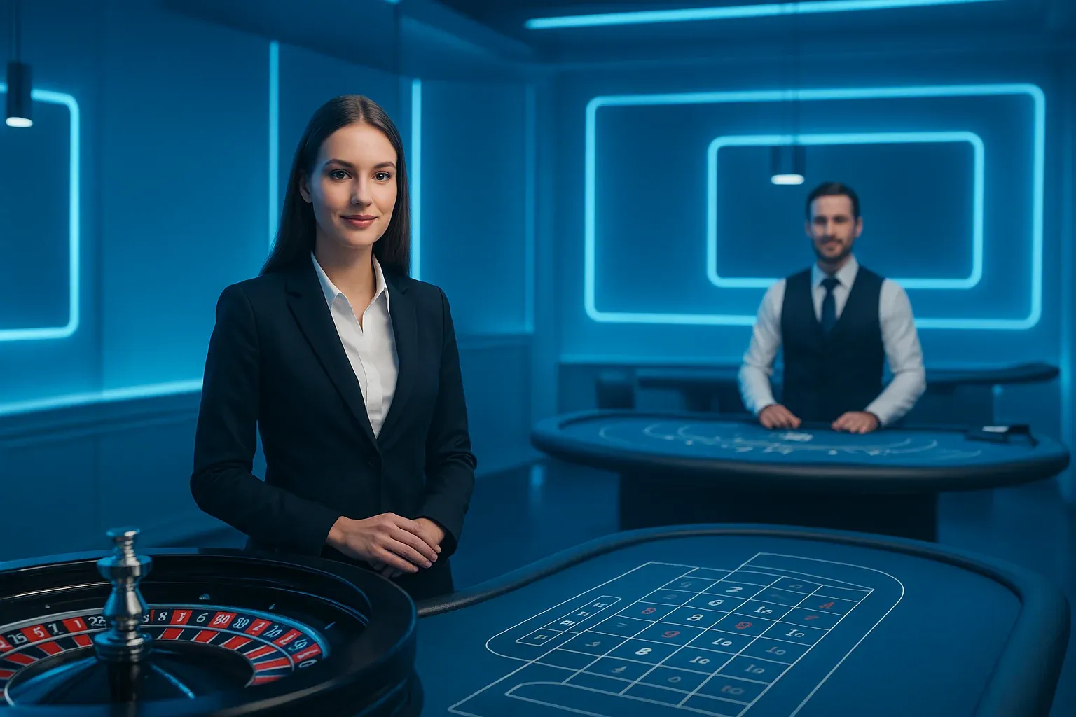Elegantti livekasinostudio, jakajat, ruletti ja blackjack, skandinaavinen valaistus